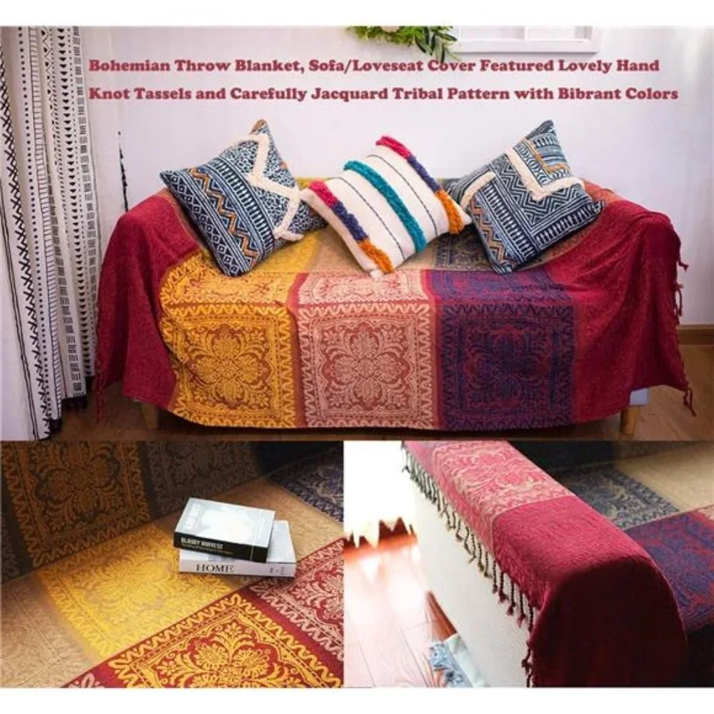 Boho Throw Blanket, Colorful Chenille Jacquard Bohemian Chair Recliner Cover